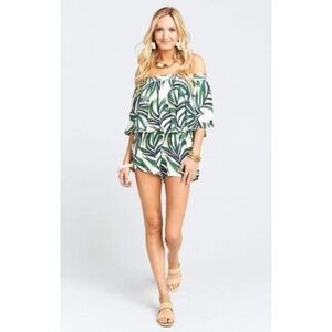 Show Me Your Mumu Rosarita Green Tropical Leaf Off Shoulder Romper S